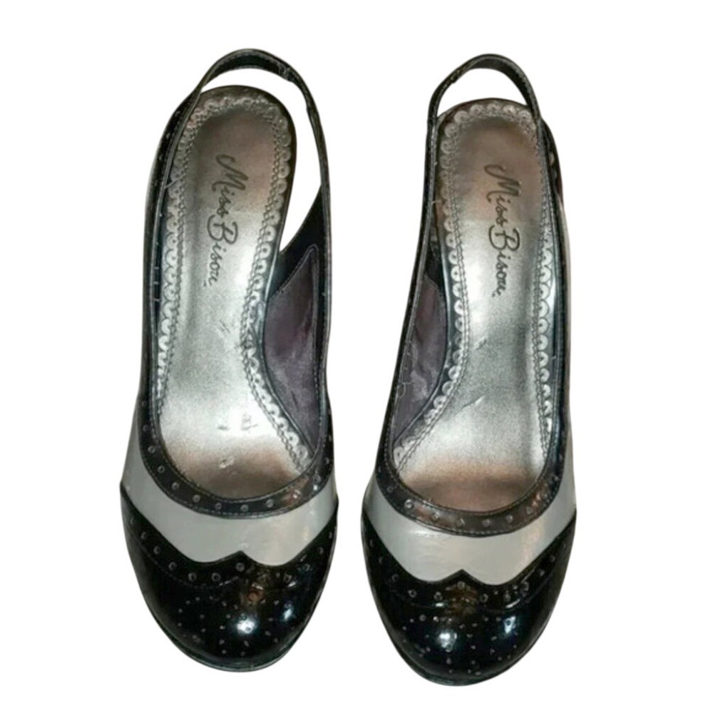 Miss Bison Slingback Heels 7.5M Black White Wingtip Spectator Block‎ Heel